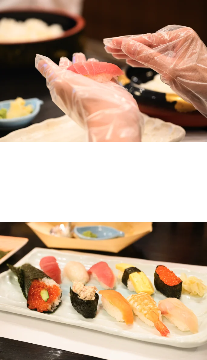 寿司の握り方を職人さんから教わり、にぎり、軍艦、巻物など、自分で作ったお寿司をお召し上がり頂けます。